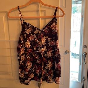 Black floral top, adjustable straps, empire waist